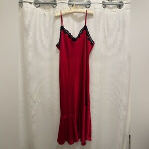 Vintage Red Satin Chemise with Black Lace and Asymmetrical Hem - size XL